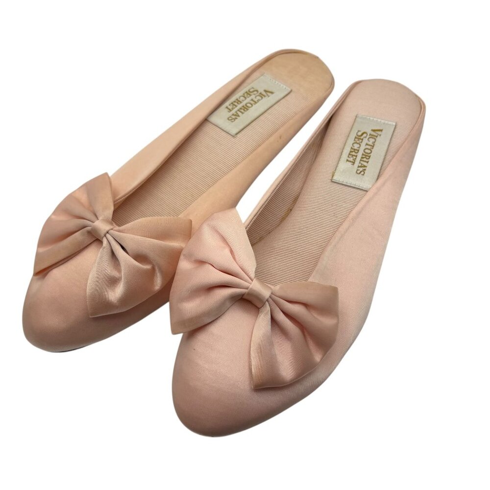 Victoria's Secret Vintage 1990s Womens Satin Bow Slippers 7/8 Blush Pink